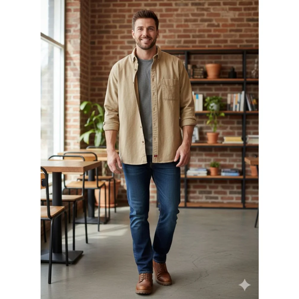 WOOLRICH Beige Casual Button Down Shirt XL 100% thick cotton elbow patches - Picture 1 of 7